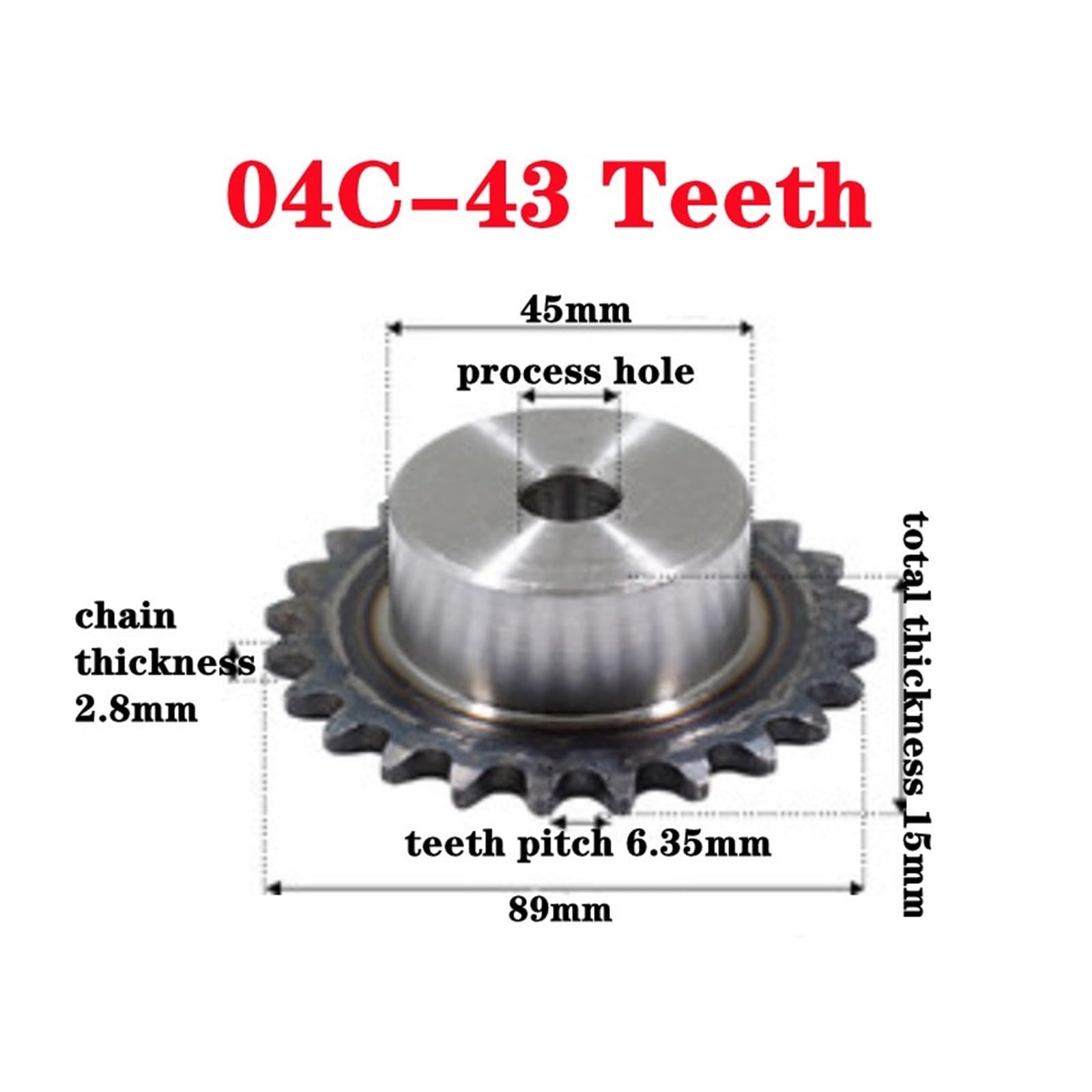 Bevel Gear Pinion Hardware Mechanical 04C Chain Drive Sprocket 43 Tooth Carbon Steel Chain Gear Pitch 2.8mm Process Hole Industrial Sprocket Wheel