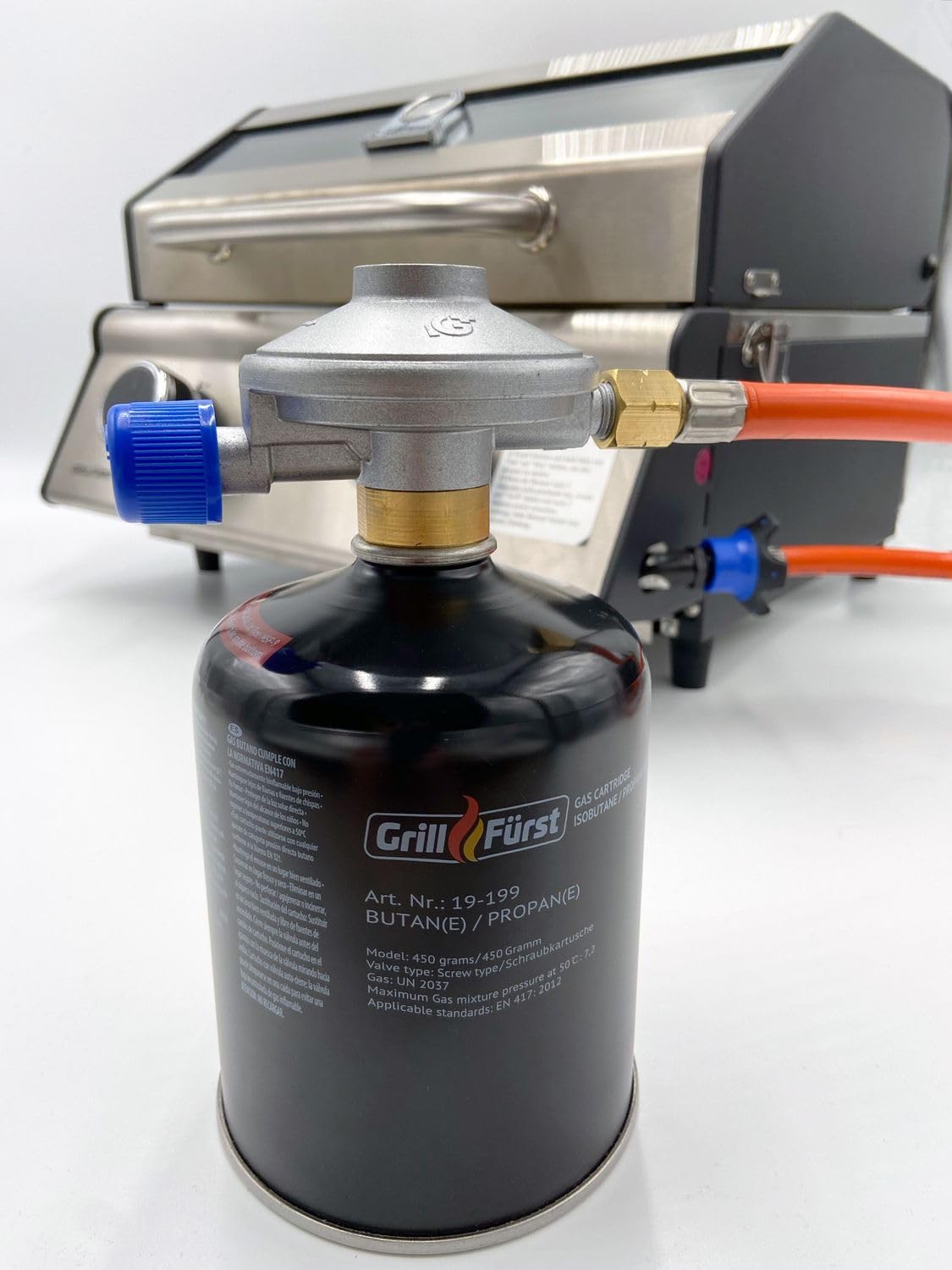 Grillfürst 6 x 450g Butan Gaskartusche/Schraubkartusche mit EN 417 Schraubgewinde, 7/16 Zoll Durchmesser und Ventil für Grill, Gaskocher, Campingkocher, Gasheizung
