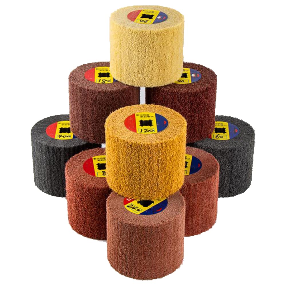 7 Pack Non Woven Wire Abrasive Drawing Polishing Burnishing Wheel Flap Brush 120mm x 100mm for Surface Treatment Stainless Steel, Aluminum, Copper, Metal, Grit: 60# 80# 120# 180# 240# 320# 600#