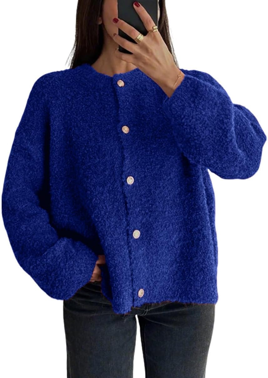 CHARTOU Women Fuzzy Knit Sweater Long Sleeve Crewneck Loose Open Front Cardigan Tops