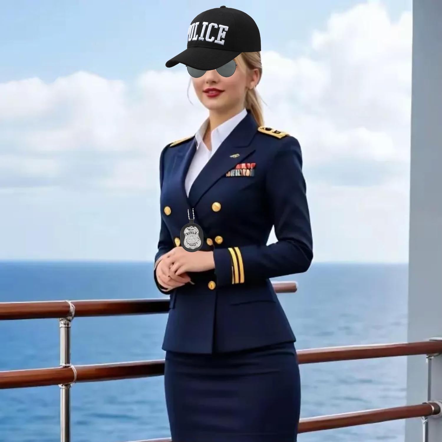JUFYVO 3pcs Police Costume Police Baseball Hat Badge Necklace Sunglasses Halloween Police Theme Party Accessories Adult Police Costume for Men Women - Image 4