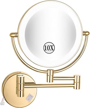 Wall Mounted Lighted Makeup Mirror, 8 inch LED Double Sided 1X 10X Magnifying Vanity Mirror, 360 Swivel Bathroom Shaving Mirror,Gold,Hardwired