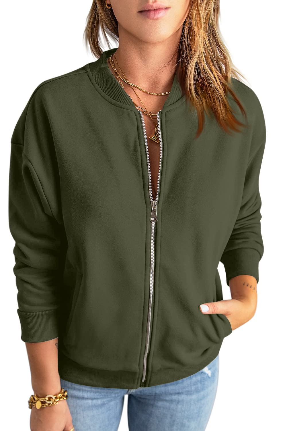 GeGekoko Zip Sweatshirt Damen übergroße Jacket Sweatshirt Einfarbige Loose Langarm Tops Oberteile mit Tasche