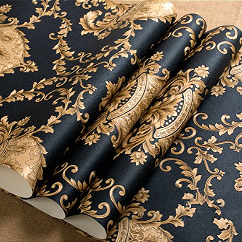 Qihang European Classic Black Damask Stereo Deep Embossed Wallpaper Roll For Living Room Hotel Tv Backdrop 0.53M X 10M=5.3M2 #TOP6