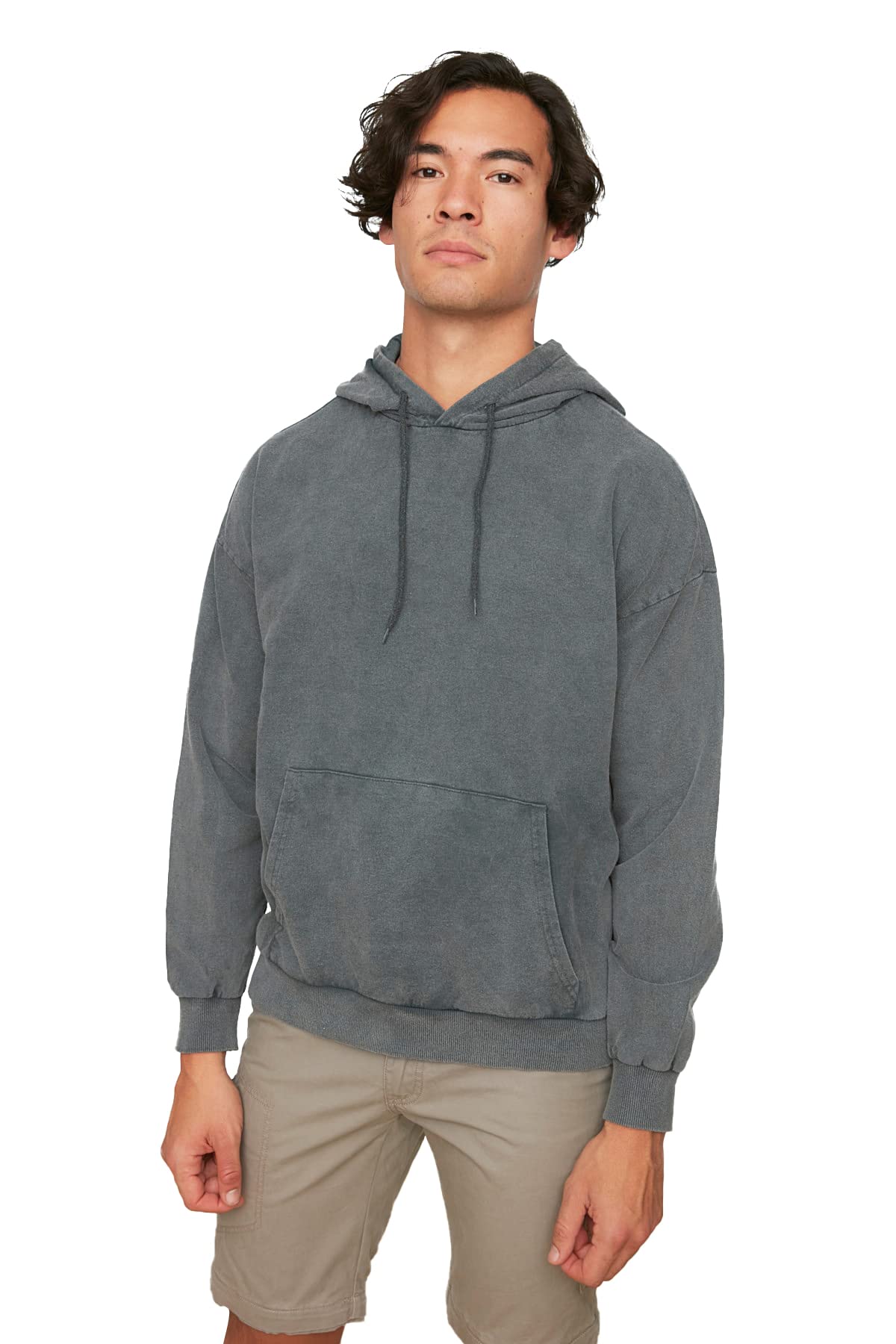 Trendyol Herren Anthracite Anthrazit-Männer Übergröße Mit Kapuze Langarmsäure-Sweatshirt Kapuze Hooded Sweatshirt, Anthrazit, L Eu