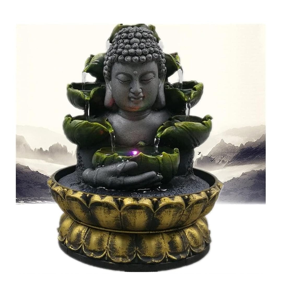 Buddha Head Indoor Water Fountain with LED Light, 30x20.5cm | Lotus Base Design, Multi-Tier Waterfall, Resin Material, Tabletop Decor, Meditation Decor-image-8