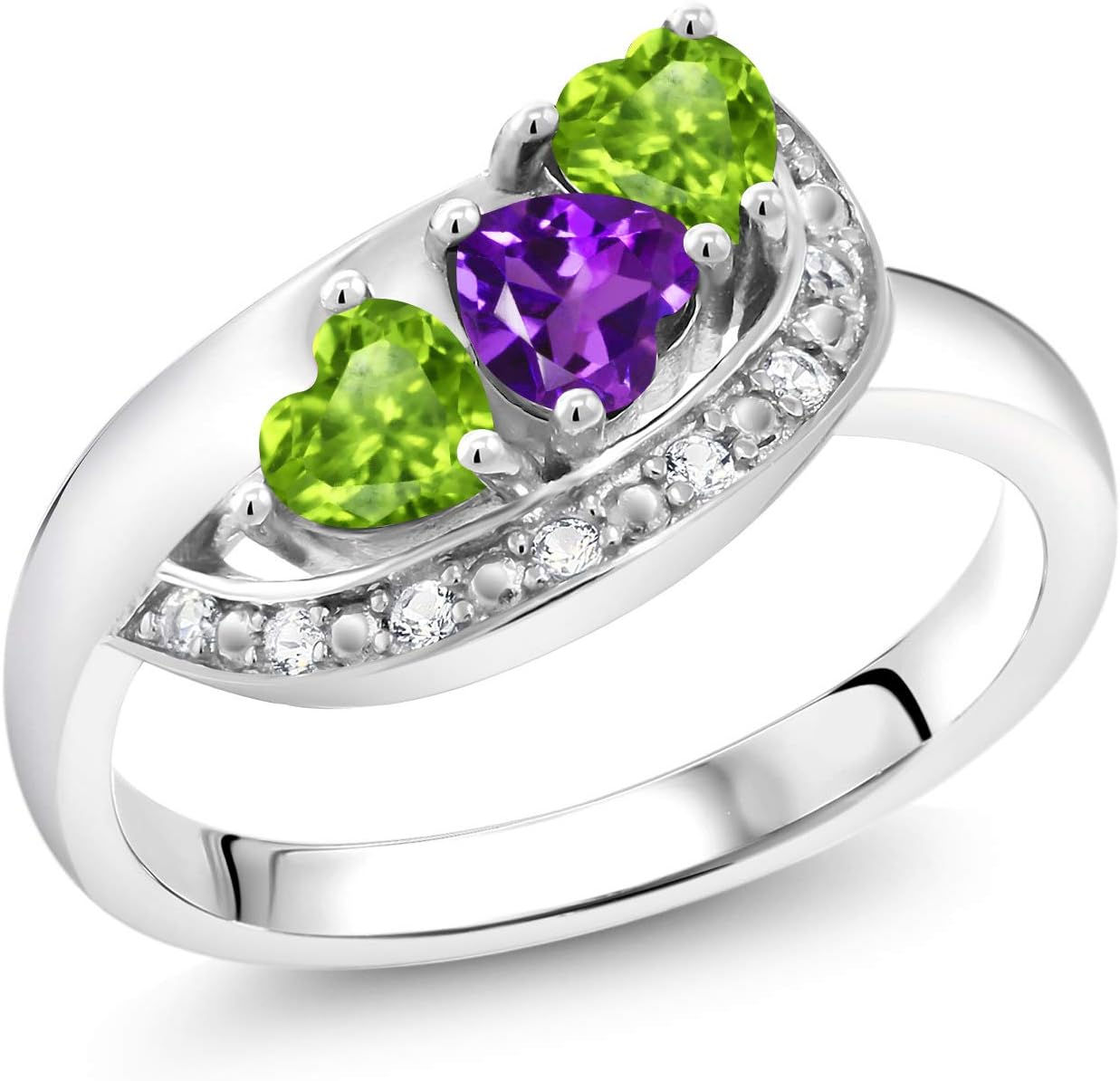 Gem Stone King 925 Sterling Silver Purple Amethyst and Green Peridot and White Created Sapphire Engagement Ring For Women (0.84 Cttw, Gemstone February Birthstone, Heart Shape 4MM)