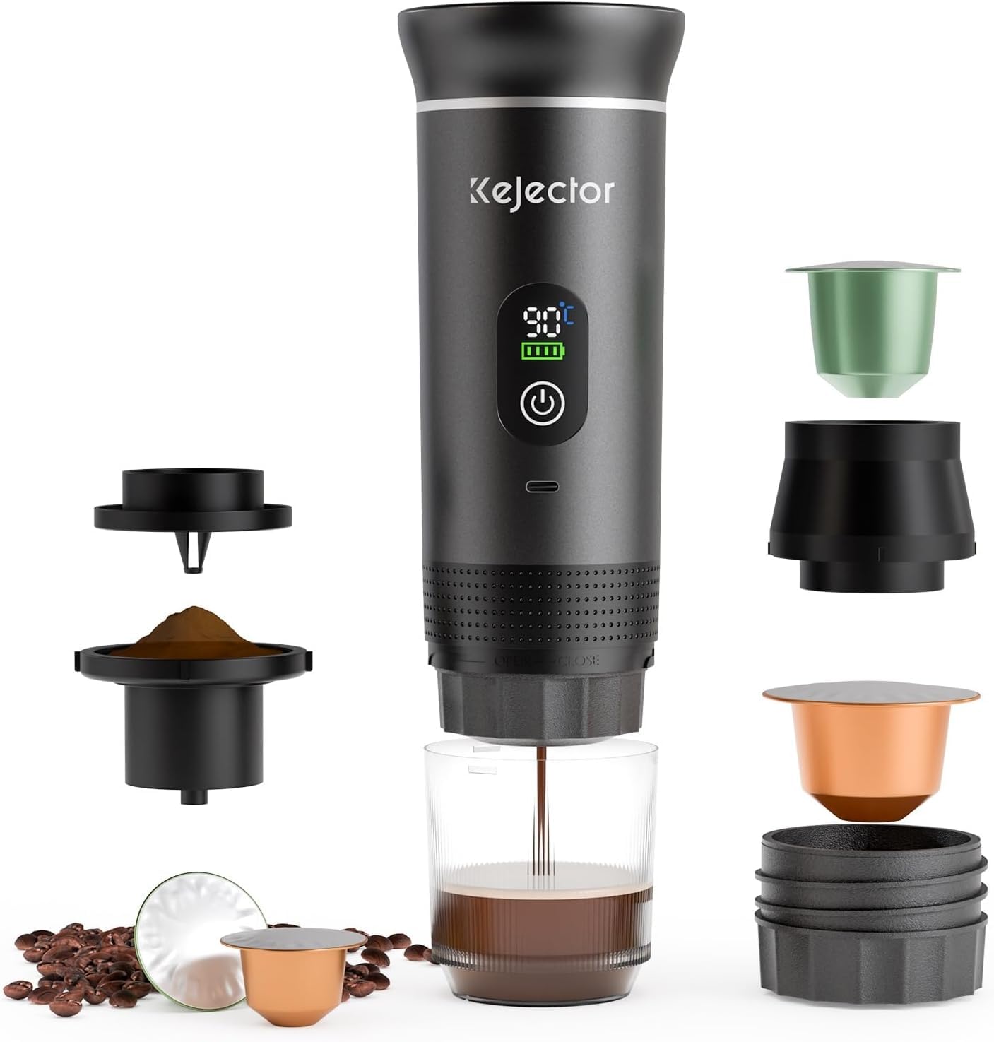 kejector 3‑in‑1 Portable Coffee Maker Machine Self‑Heating, 20Bar USB‑C Rechargeable Espresso Machine Compatible with Ground Coffee & NS Capsule Pod for Car, Camping, Hiking, RV, Office (Dark Grey)