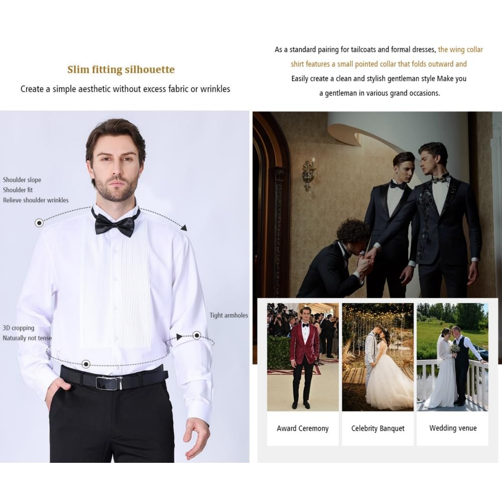 Camisa de esmoquin para hombre, camisa de vestir formal con puntadas plisadas en la parte delantera, camisas de doble puño con pajarita para fiesta de graduación, boda