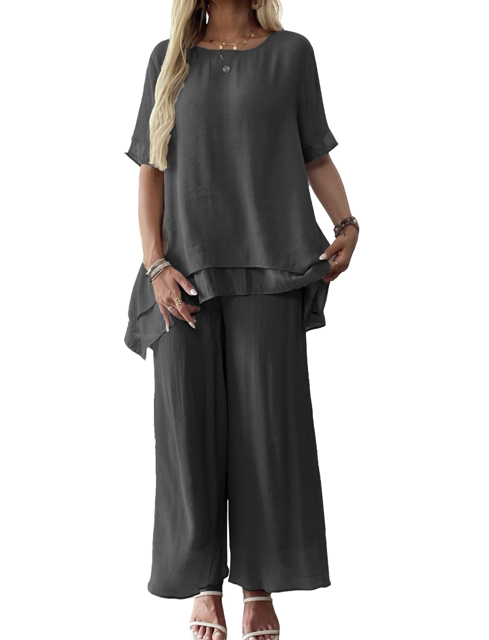 Fakanhui Completo da donna in lino a 2 pezzi, con ampia vestibilità e camicetta, estiva, elegante, a gamba larga, pantaloni a palazzo