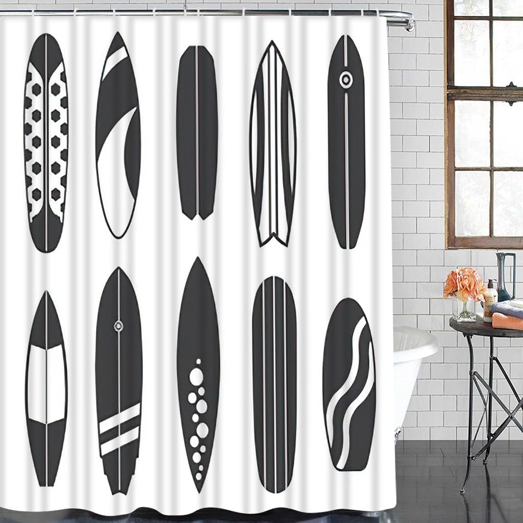 4 Piece Surf Surfboard Shower Curtain Set Flat Surfboard Icons Various Styles Black White Design Bathroom Sets with Non-Slip Rugs, Toilet Lid Cover and Bath Mat with Standard Size
