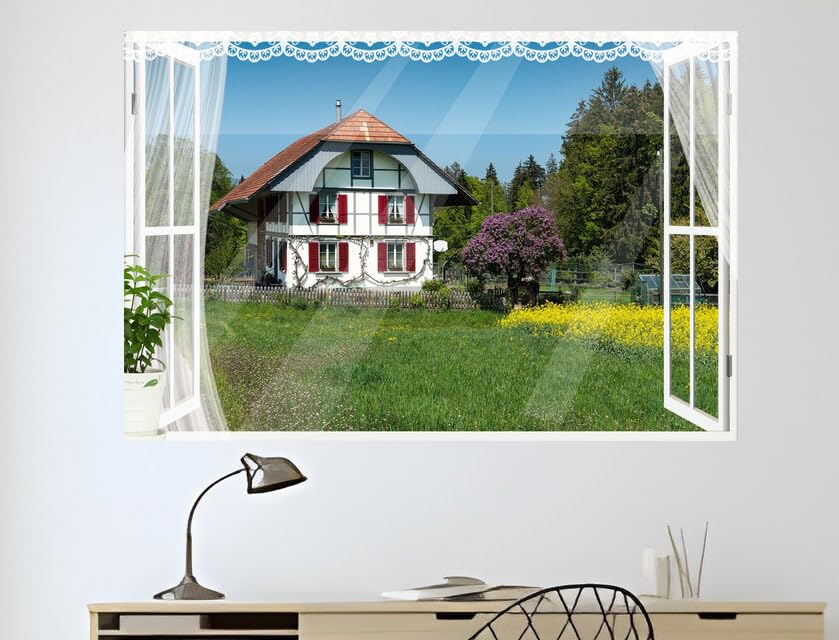 JVERF - JZZB10937 Switzerland Houses Steinhof Mansion Design Fence| Self-Adhesive Open Window Wall Sticker