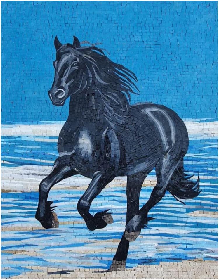 Handmade Black Horse Marble Mosaic Wall Art, Animal Stone Mosaic Artwork, Hand-Cut Contemporary Equestrian Wall Décor