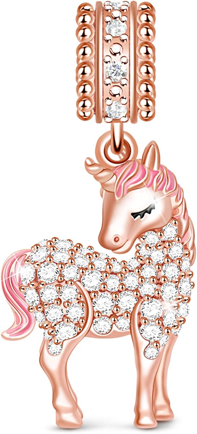 GNOCE Pink Unicorn Charms 925 Sterling Silver 18K Rose Gold Plated Pendant Charm For Women's Charms Bracelet Sparkly & Vibrant Fits Bracelet/Necklace