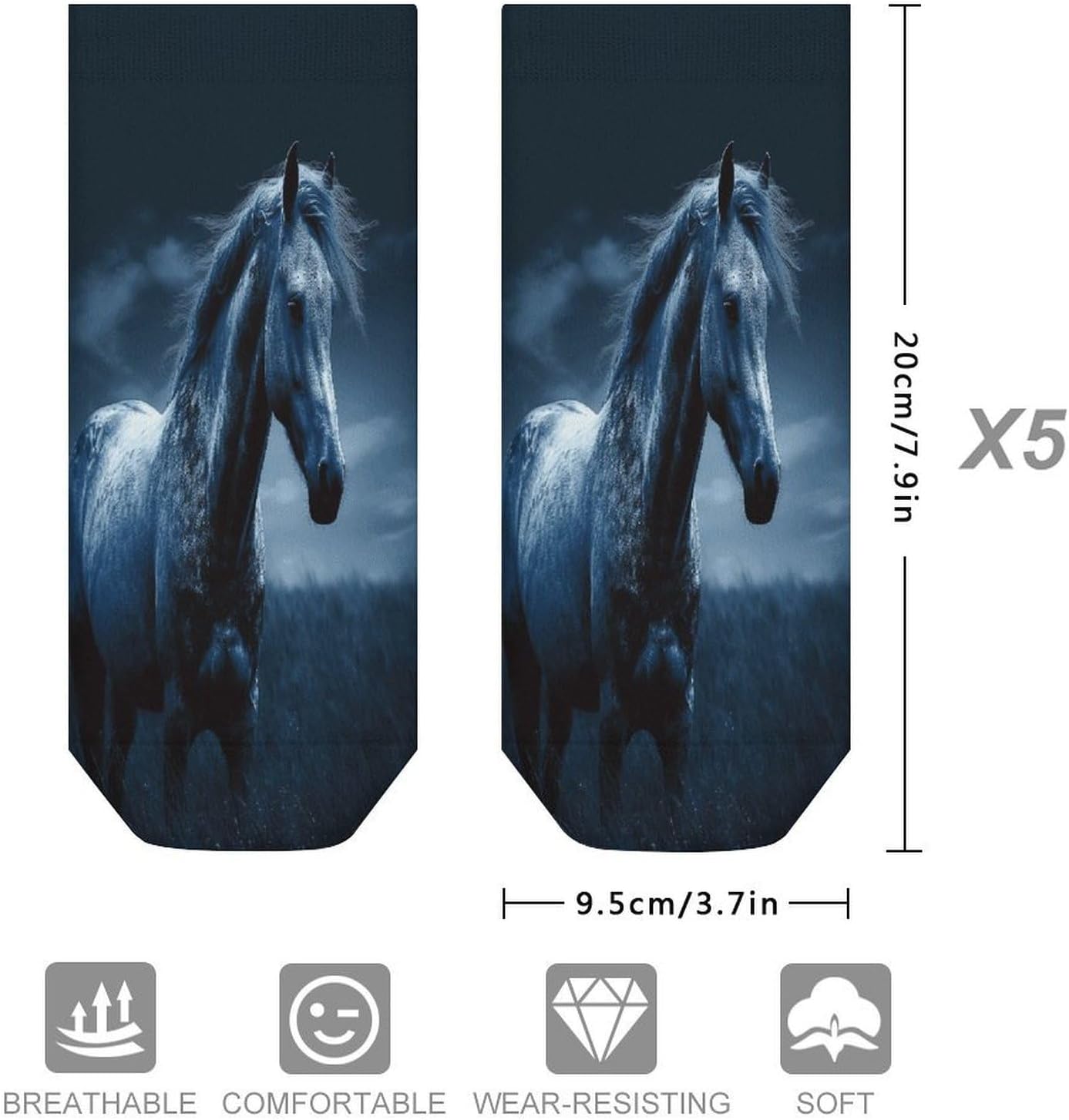 Blue Horse Crew Sock for Men Women Funny Novelty Socks Athletic Ankle Socks Comfort Soft Low Cut Tab Sock 5 Pairs