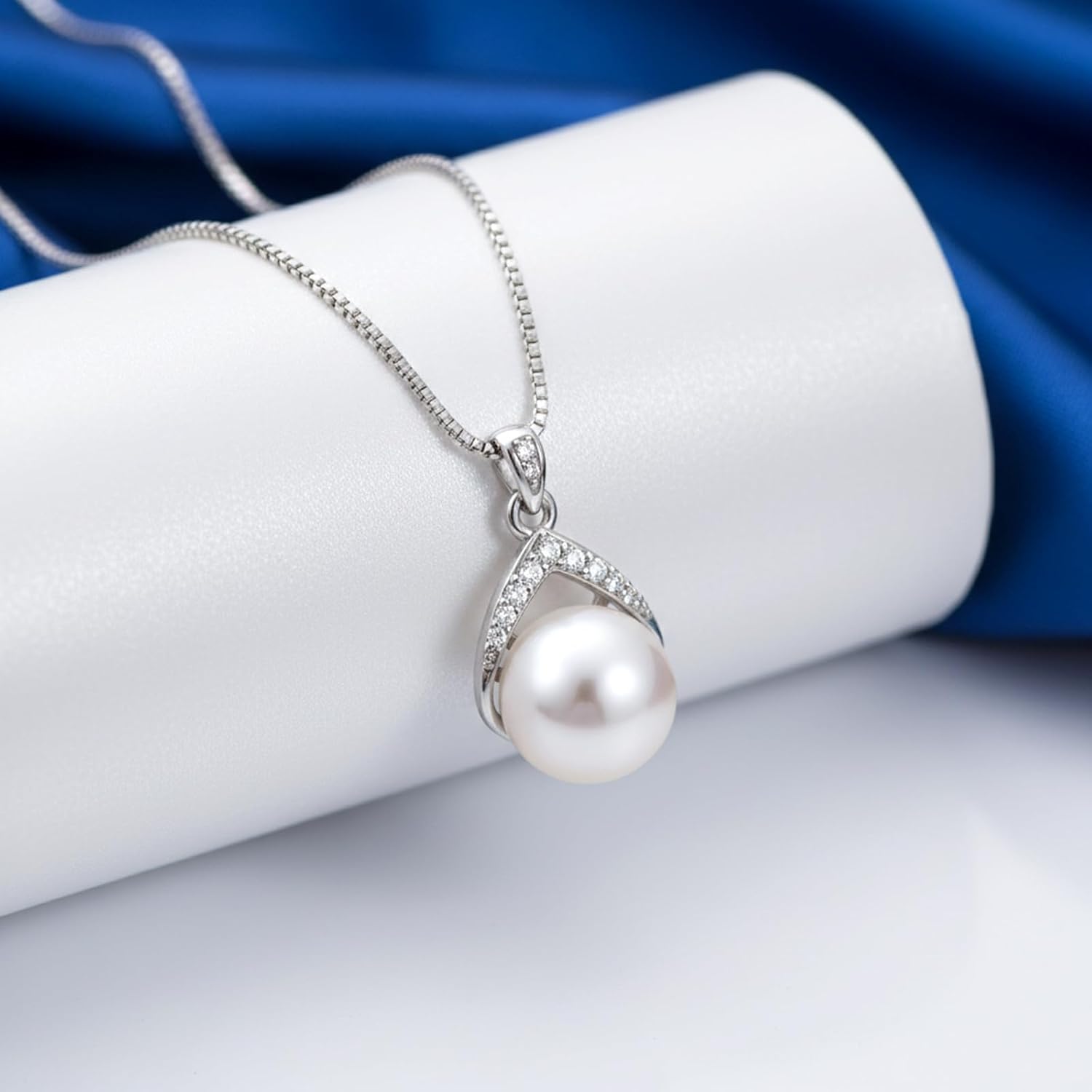 Sterling Silver Lab Grown Diamond and Freshwater Cultured Pearl Necklace for Women, Jewelry Gifts for Her, 18+2 Inch Box Chain