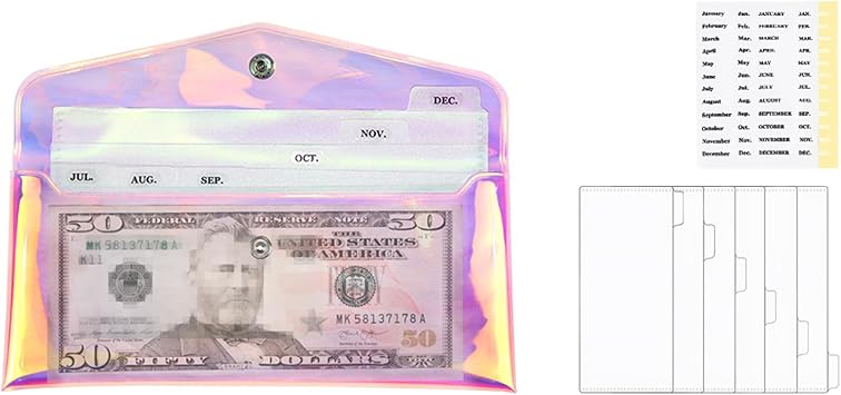 Cash Envelope Wallet Set Clear Cash Wallet PVC Money Holder with 6 Cash Compartments with Pocket Cash Envelope and Tab Sticker for Invoice Planner Money Organizer, Rainbow Style, 7.87"x3.54", Portable