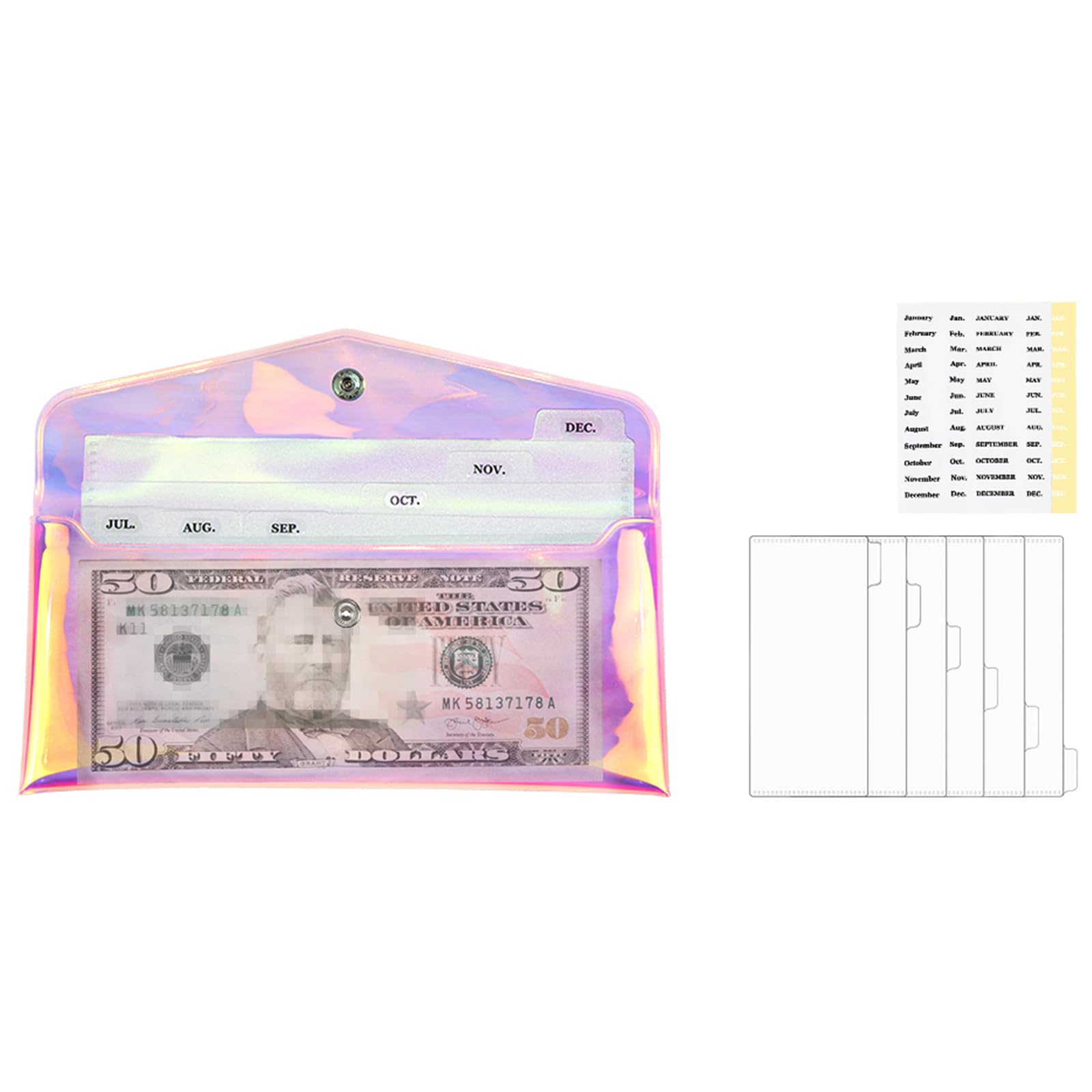 Rainbow Wallet with Cash Envelopes, PVC Money Holder, 6PCS Divider Pockets & Tab Stickers for Bill Planner and Money Organizer
