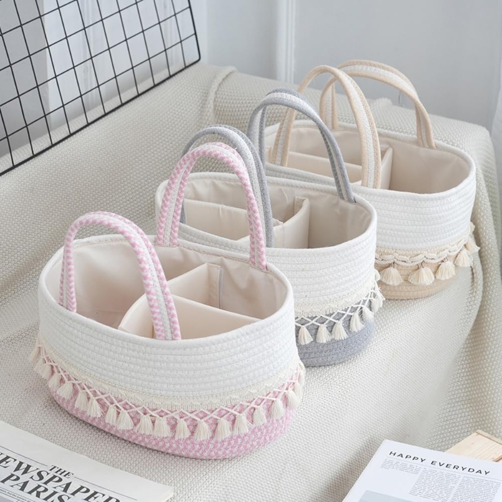 Aufbewahrungskorb Baumwollseil Gewebte Wickeltasche Wickel-Organizer | Baby-Wickeltasche Windelkorb Babykorb Tragbare Einkaufstasche Shopper mit 3 Schichten,Geschenktasche für Neugeborene,Khaki B