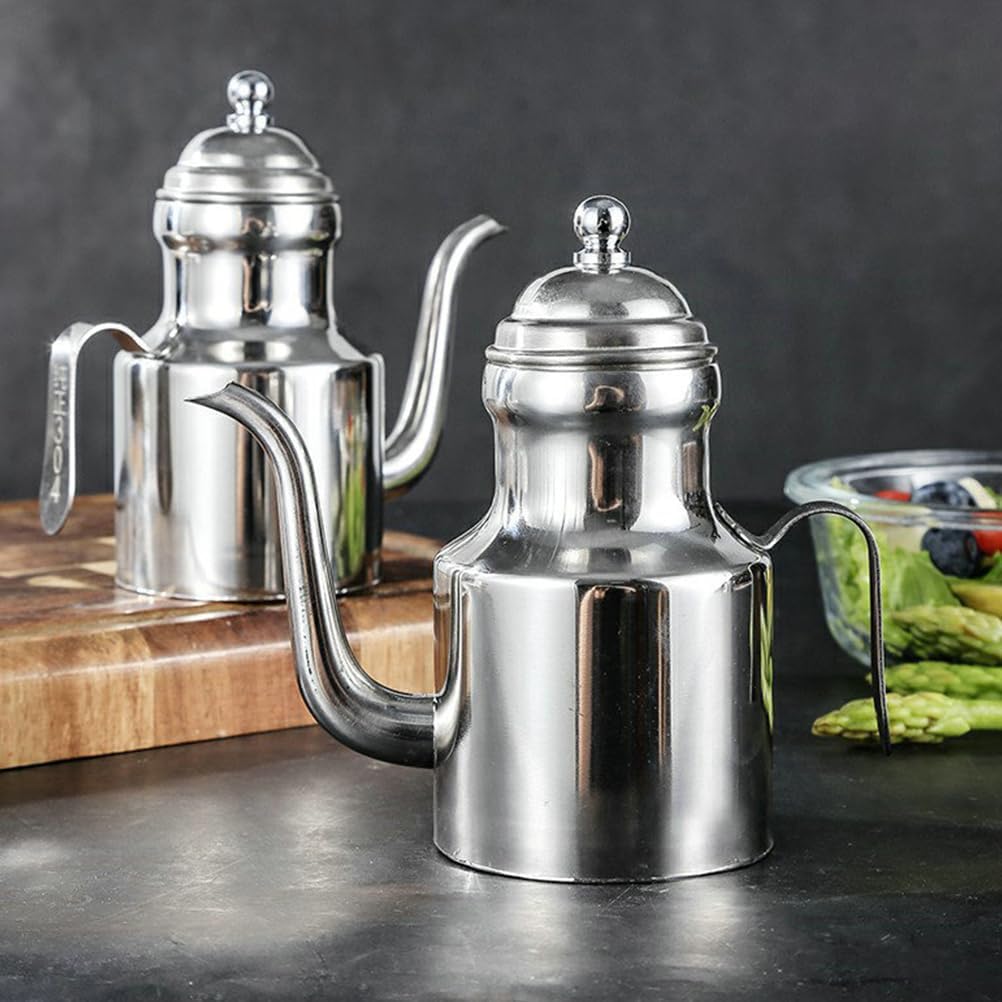 Cabilock Stainless Steel Oil Dispenser Bottle, 11 Oz Olive Oil Can with Long Spout And Handle, Small Vinegar Pourer Container for Kitchen Cooking, Bbq, Restaurant And Tabletop Use, Silver