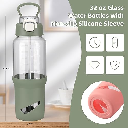 Miniatura 2 de SIEROZUR Botellas de agua de vidrio de 32 onzas con 2 tapas, botellas agitadoras para mezclas de proteínas, vaso de vidrio a prueba de fugas y sin
