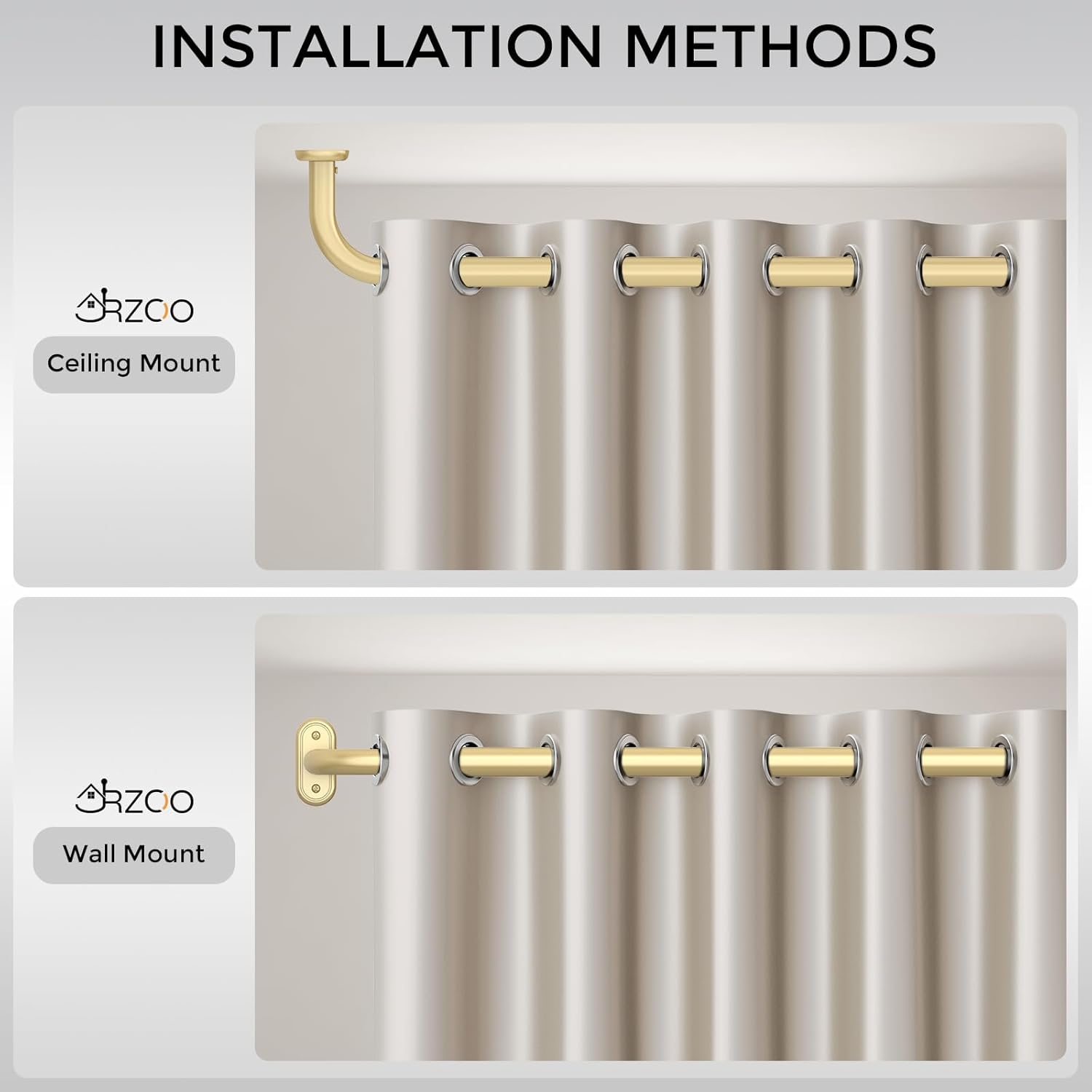 Wrap Around Curtain Rods Gold, Blackout Heavy Duty Curtain Pole for Windows 48 to 84 Inch, 1" Decorative Room Darkening Curved Modern Drapery Rod (Gold/Unique Design/All Metal)