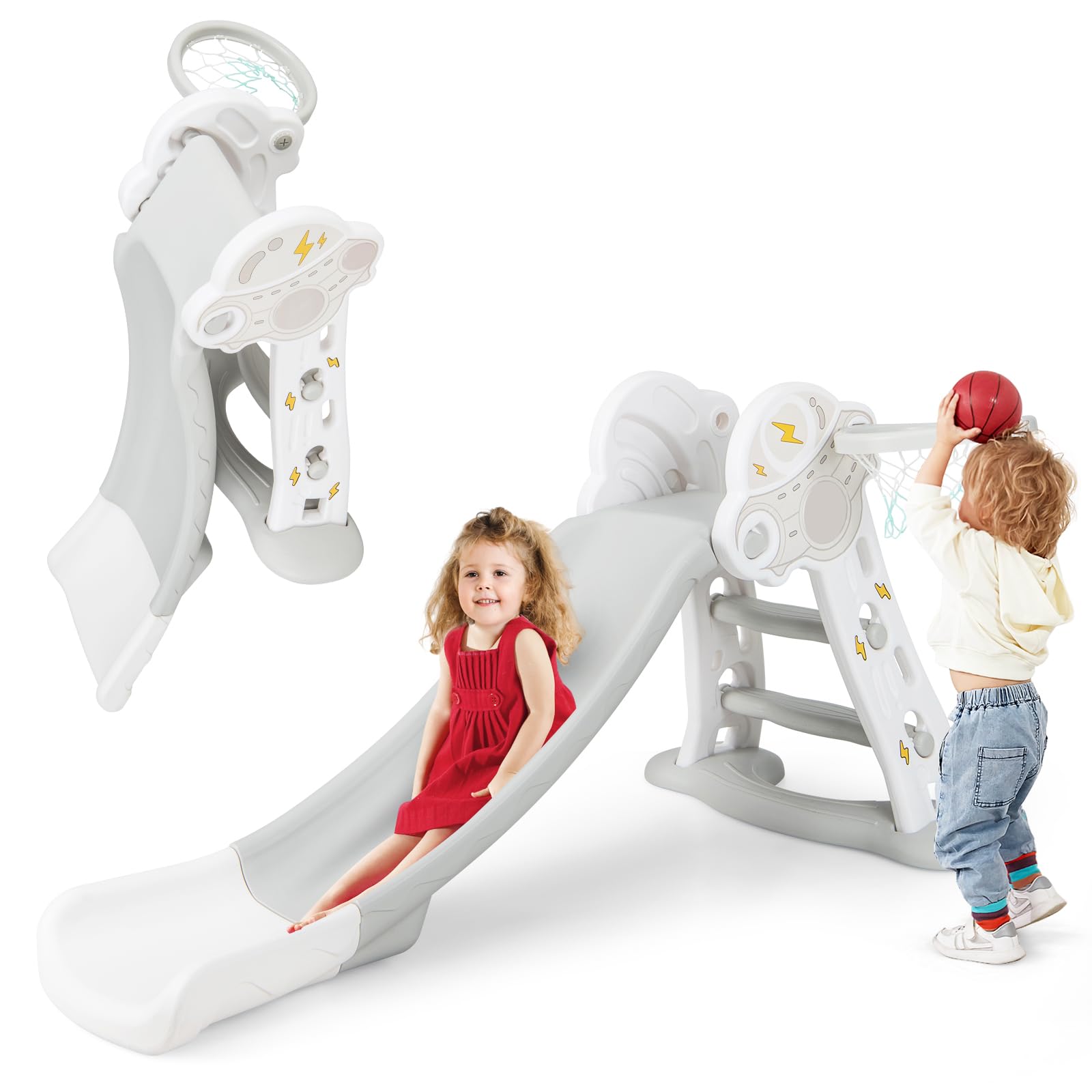 INFANS Toddler Slide, 4 in 1 Indoor Kids Slide Wave Slideway Max Load 330lb for Age 18+ Months with Basketball Hoop Ball, Outdoor Climber Freestanding Playset, Sturdy Plastic Playground Toy Grey