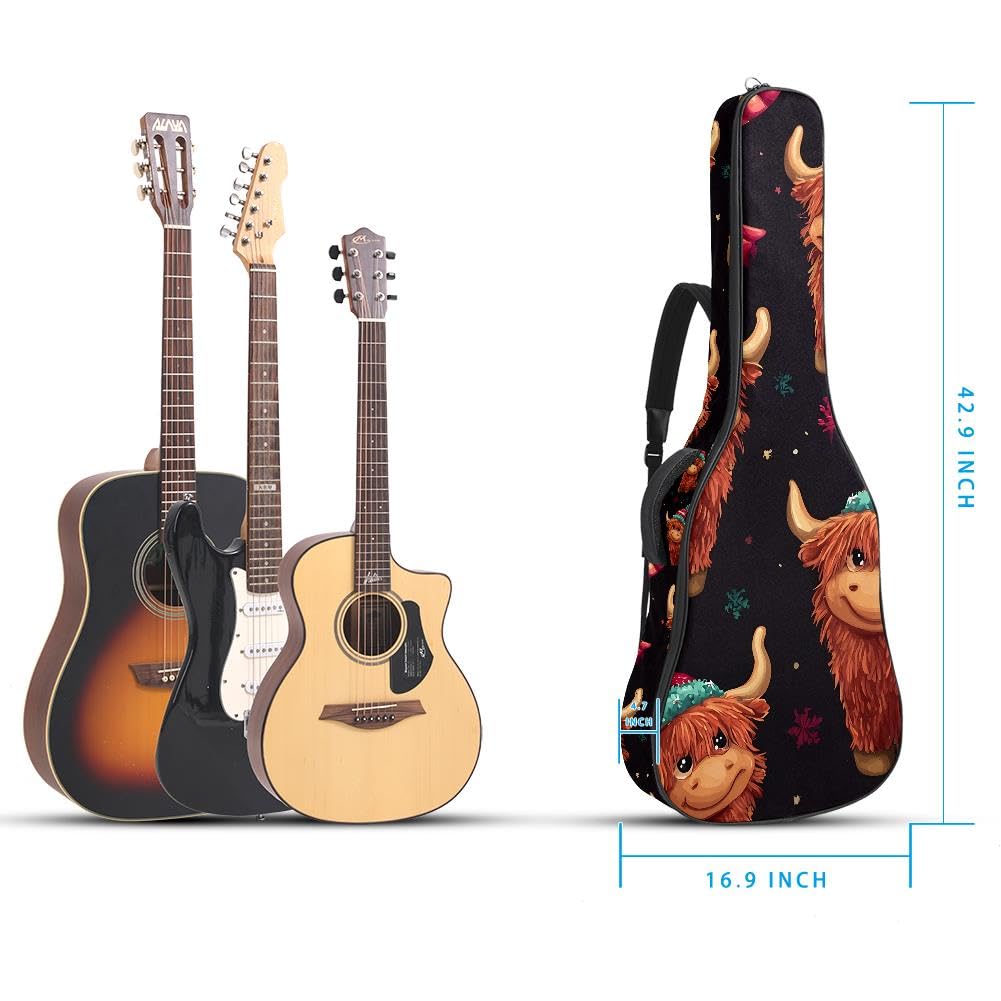 Gitarrentasche, volle Größe, 99 cm, 101,6 cm, 104,1 cm, für Akustikgitarre, Konzertgitarre, 10 mm dick, gepolstert, Weihnachts-Hochlandrind-Gitarrenkoffer, wasserdicht, mit Tasche