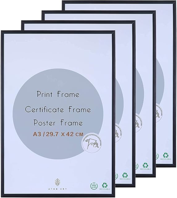 A3 Aluminum Photo Picture Frame - 29.7 x 42 CM Black Metal Certificate Frames with Perspex Glass for Wall Display Horizontally or Vertically in Living Room Bedroom Gallery, Set of 4