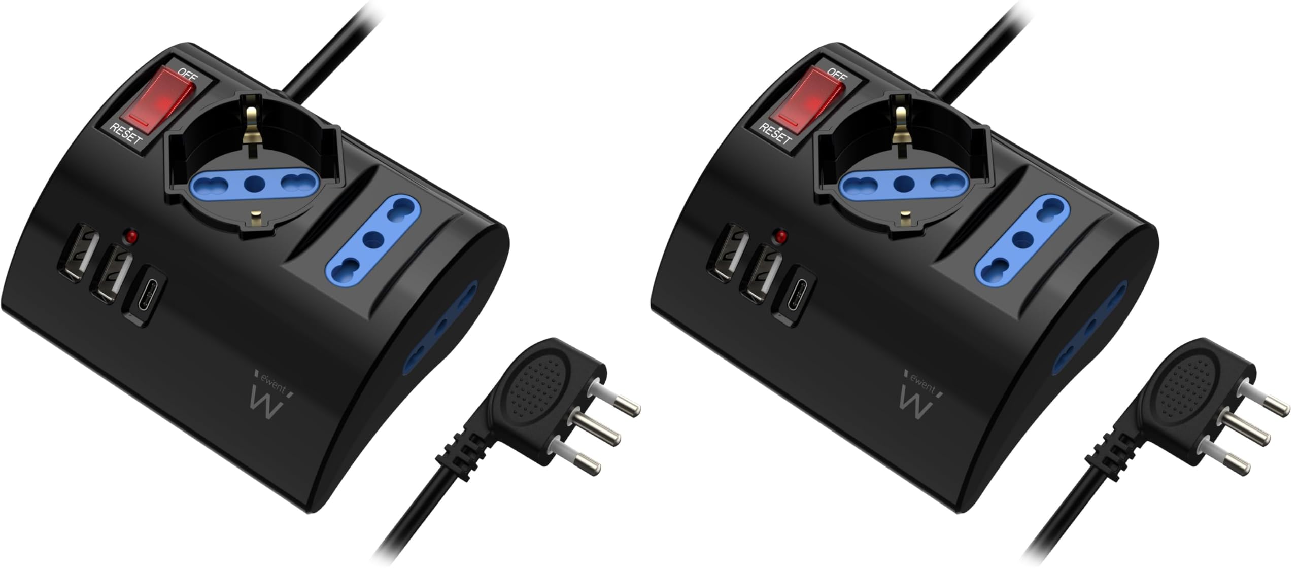Ewent Multipresa da scrivania/tavolo con 3 Prese 10/16A e 2 porte USB-A e 1 porta USB-C, Interruttore ON/OFF, 3500W, Protezione da Sovraccarico,Spina IT10A e cavo da 2mt,Nera, 3 prese (2ITA/Schuko)