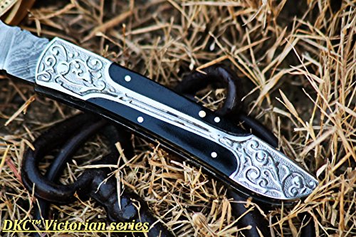 Dkc Knives (16 5/18) Sale Dkc-37-Bh Victorian Damascus Folding Pocket Knife Buffalo Horn 7.75" Long, 4.5" Folded 3" Blade 4.8Oz Hand Made Incredible Look And Feel #TOP3