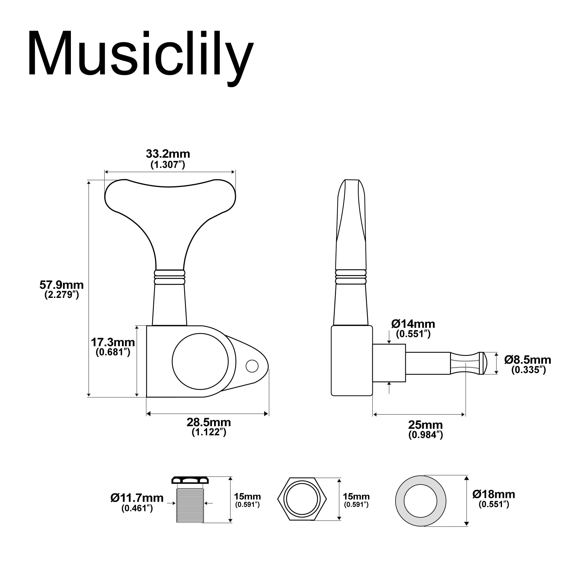 Musiclily Mécaniques Basse 2x2 Scellées pour Basse électrique 4 Cordes, Noir