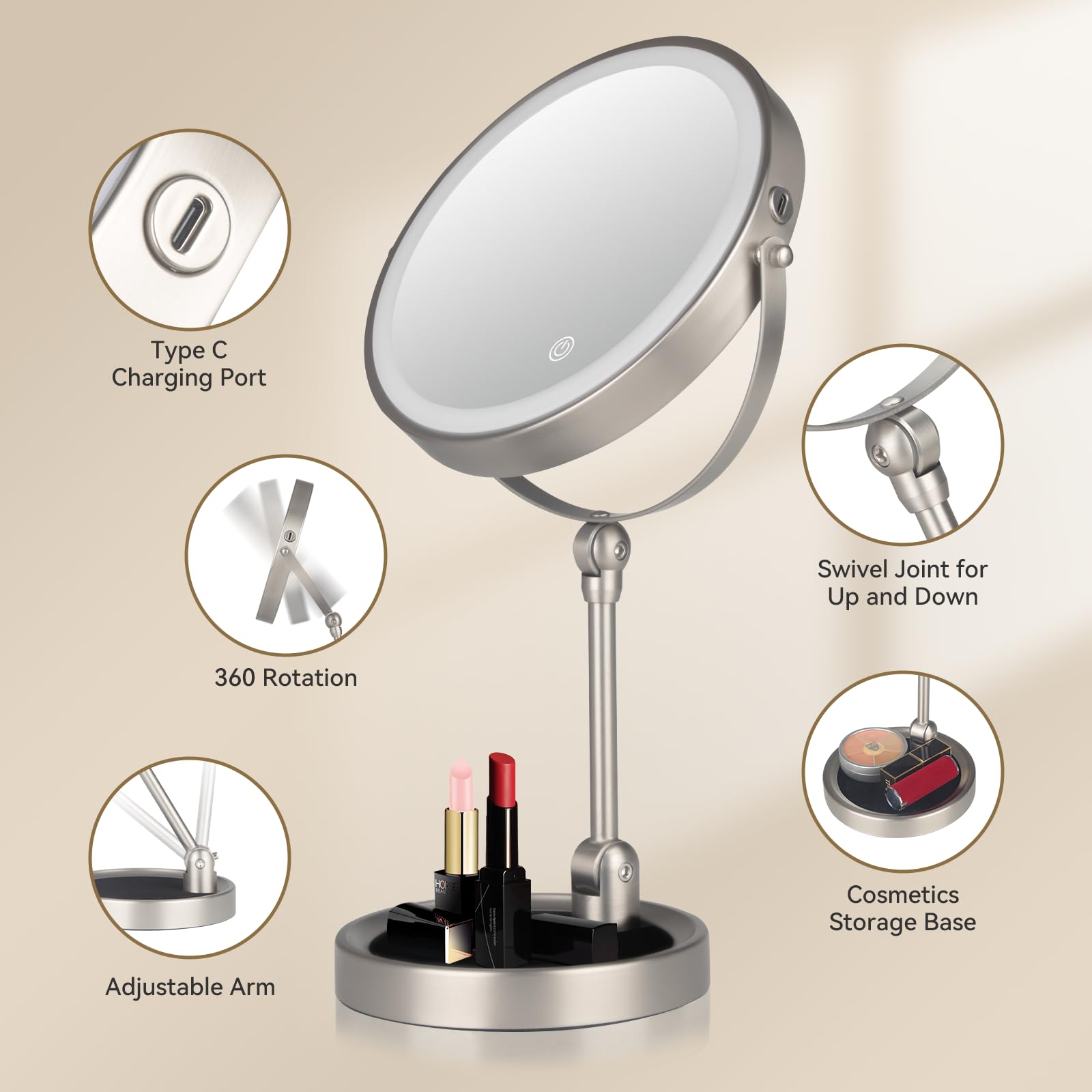 Espejo de aumento con luz, espejo de escritorio ajustable en altura, espejo de maquillaje iluminado de doble cara 1x/10x, espejo de tocador giratorio de 8 pulgadas con soporte de brillo ajustable