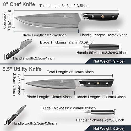 Miniatura 8 de Juego de cuchillos de cocina 10C, 2 piezas, cuchillo de chef de 8 pulgadas y cuchillo utilitario de 5.5 pulgadas, acero inoxidable de alto carbono