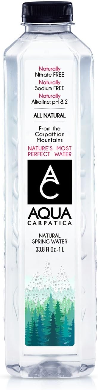 AQUA Carpatica Natural Spring Water with Electrolytes, Artesian Bottled Water, 1 Liter / 33.81 oz. (12 Pack)