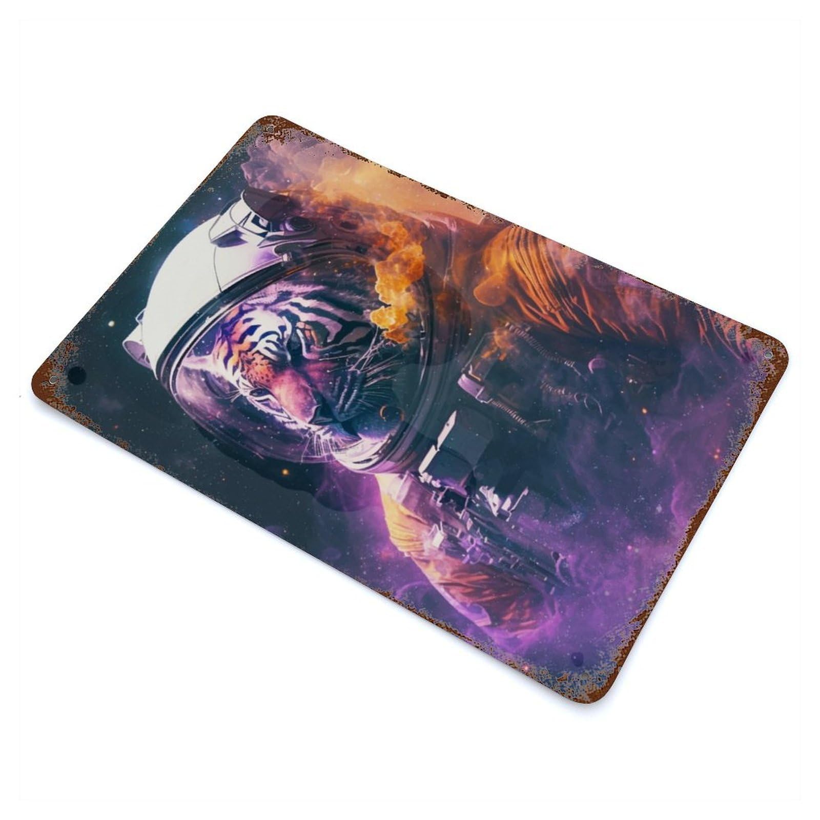 Tiger Astronaut Aged Metal Wall Plaque 11.8"x7.9", Farmhouse Wall Decor for Patio, Garden Room And Bar Decor