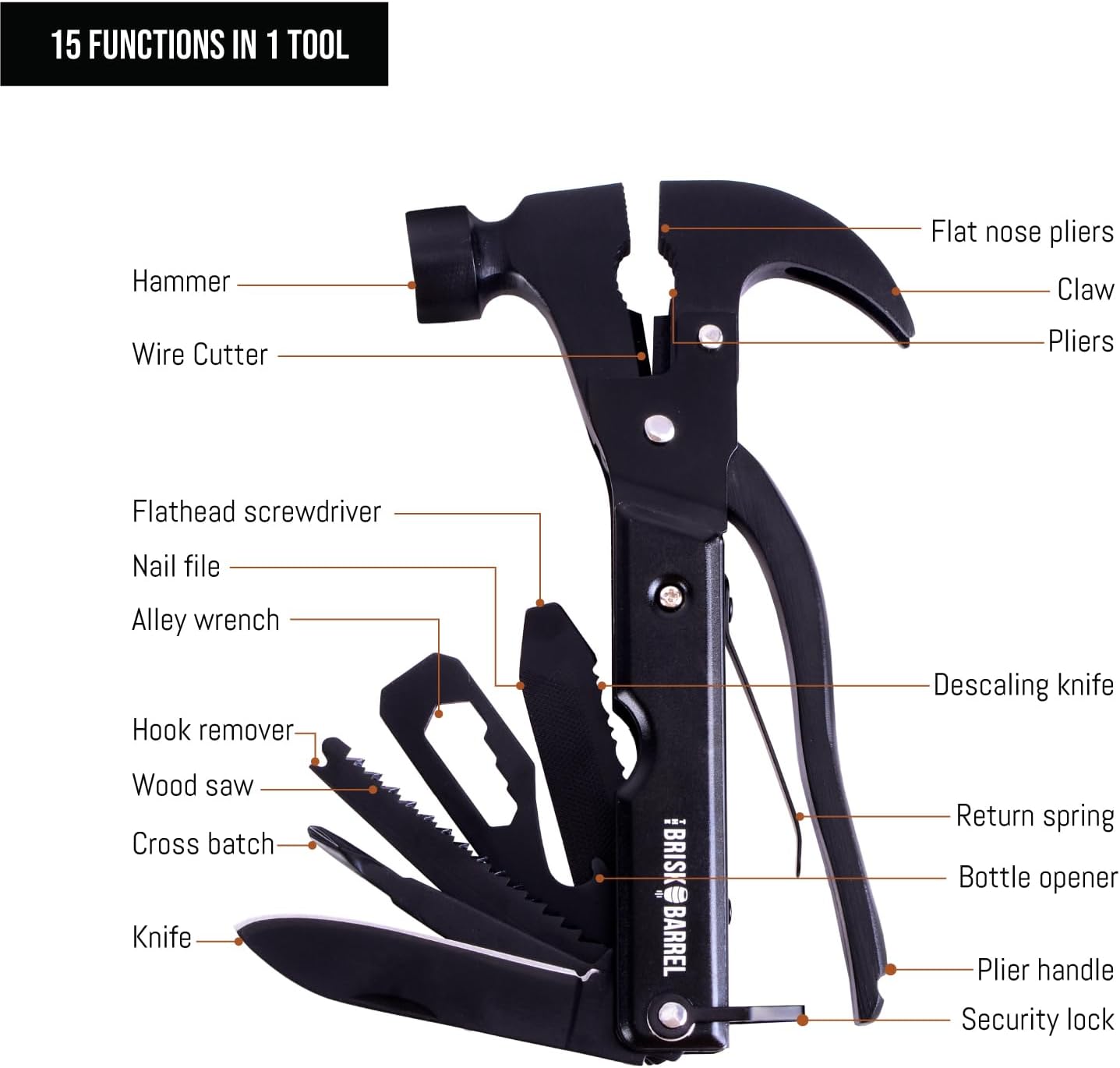 Hammer Multitool 15 in 1 - Multitool for Men. Compact Camping Multi Tool. Backpacking & Camping. Survival and Emergency Tool. Christmas Day Gifts for Men, Dad. Pocket Tool