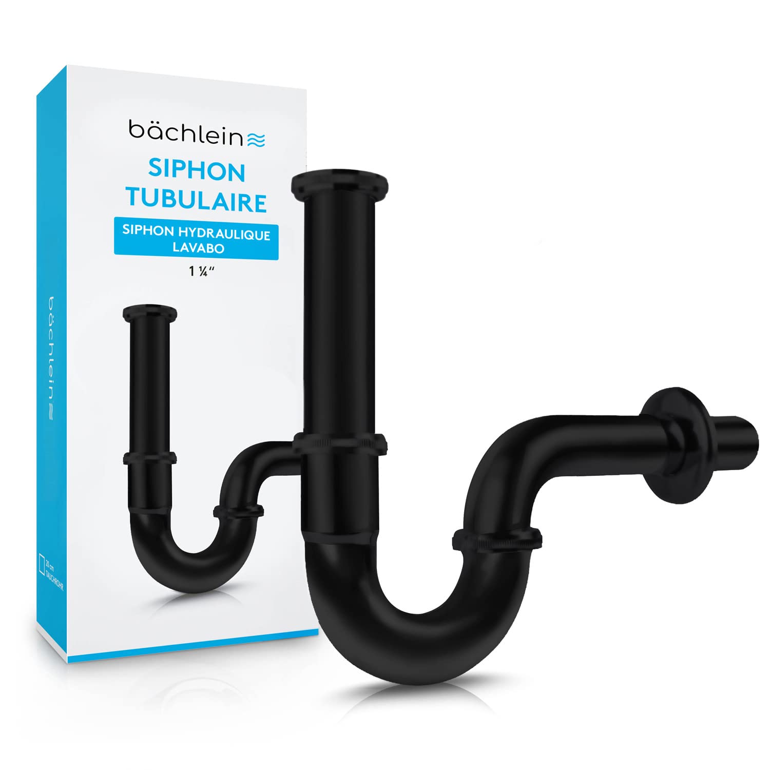 Bächlein Siphon Universel pour Lavabo et Évier (Extra Long) - Bonde de Lavabo Tubulaire - Siphon Adaptable - Anti-Odeur avec Orifice de Nettoyage + Mode d’Emploi - Mat Noir