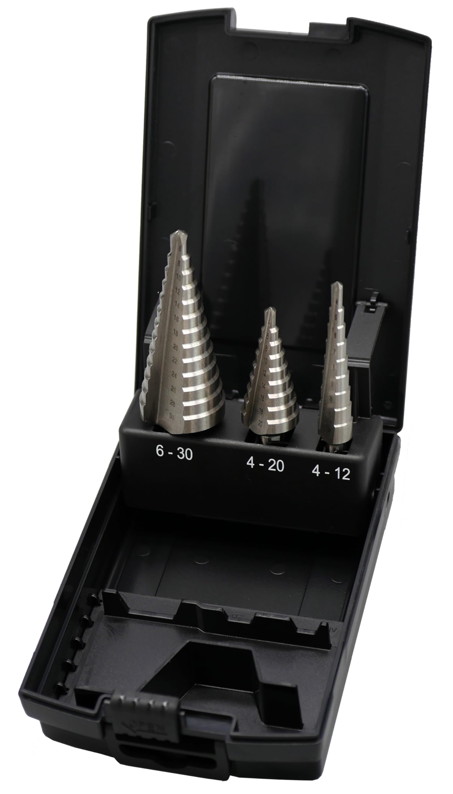 Stufenbohrer HSSG gerade genutet | Stufenbohrer Set in Rose-Kunststoffbox in 4-12mm / 4-20mm / 6-30mm | Stufenbohrersatz Art. Nr. 39403100