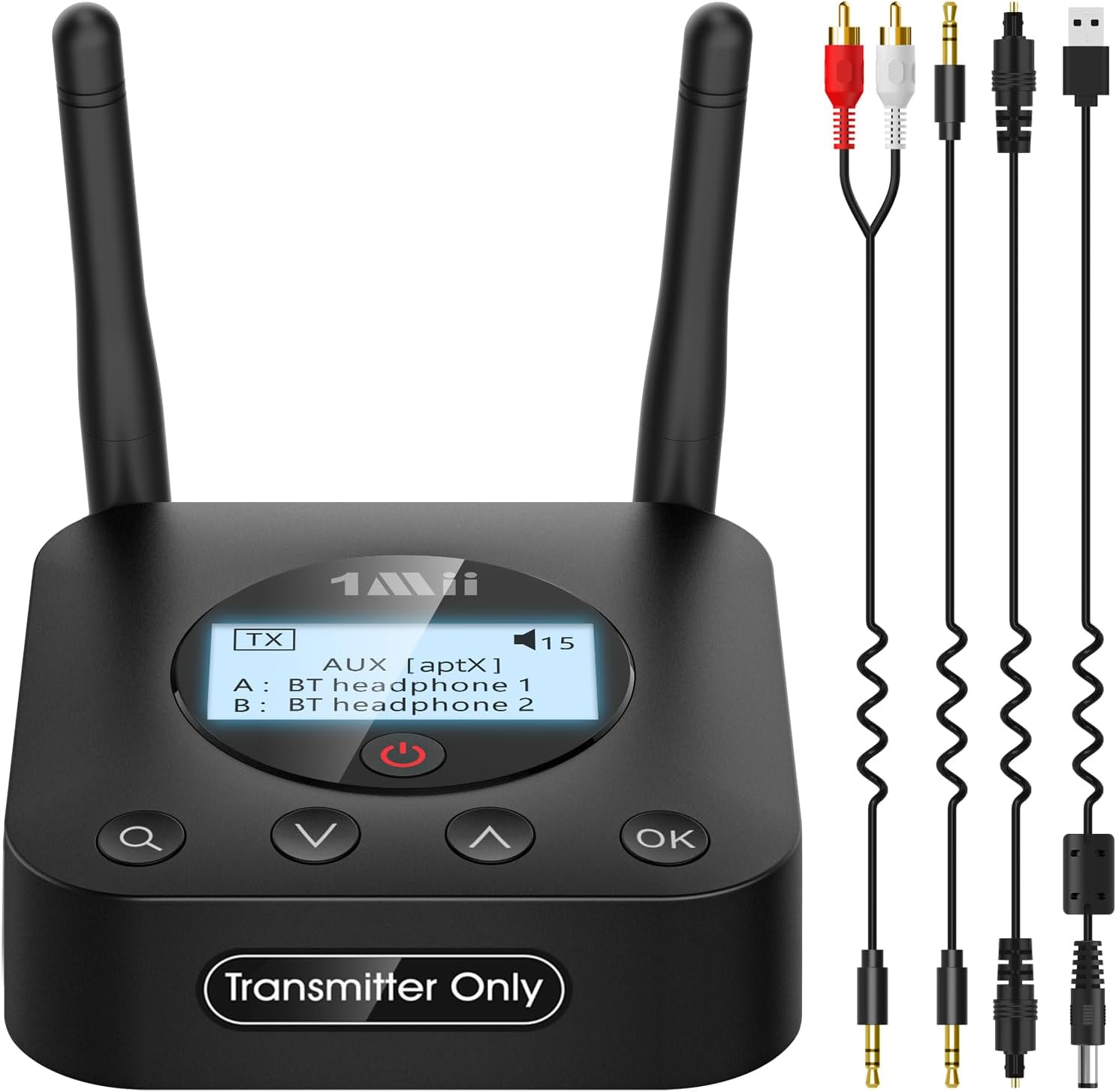 1Mii B06TX+ Bluetooth 5.3 Transmitter mit aptX Adaptive/Low Latency/HD, Kabelloser Audio Adapter mit Großer Reichweite &amp; Anzeige für TV/PC/Projektor, Dual Verbindung für 2 Kopfhörer oder Lautsprecher