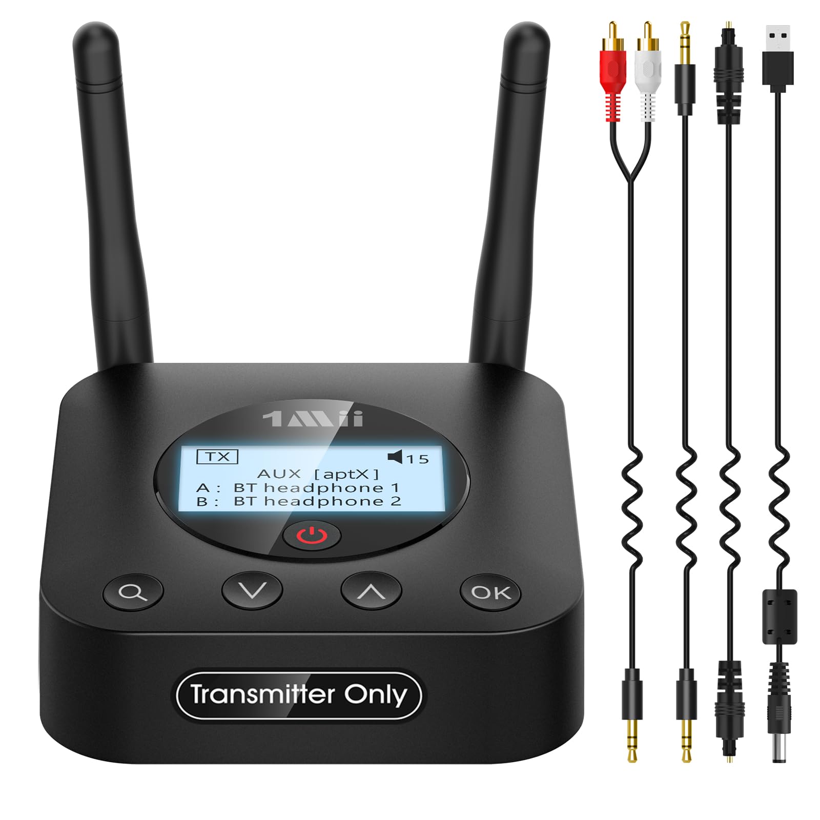 1Mii B06TX+ Bluetooth 5.3 Transmitter für TV mit Display, aptX Adaptive/HD/LL, Dual Link für 2 Kopfhörer, PC & Projektor, hohe Reichweite, Optical 3.5mm RCA Koaxial