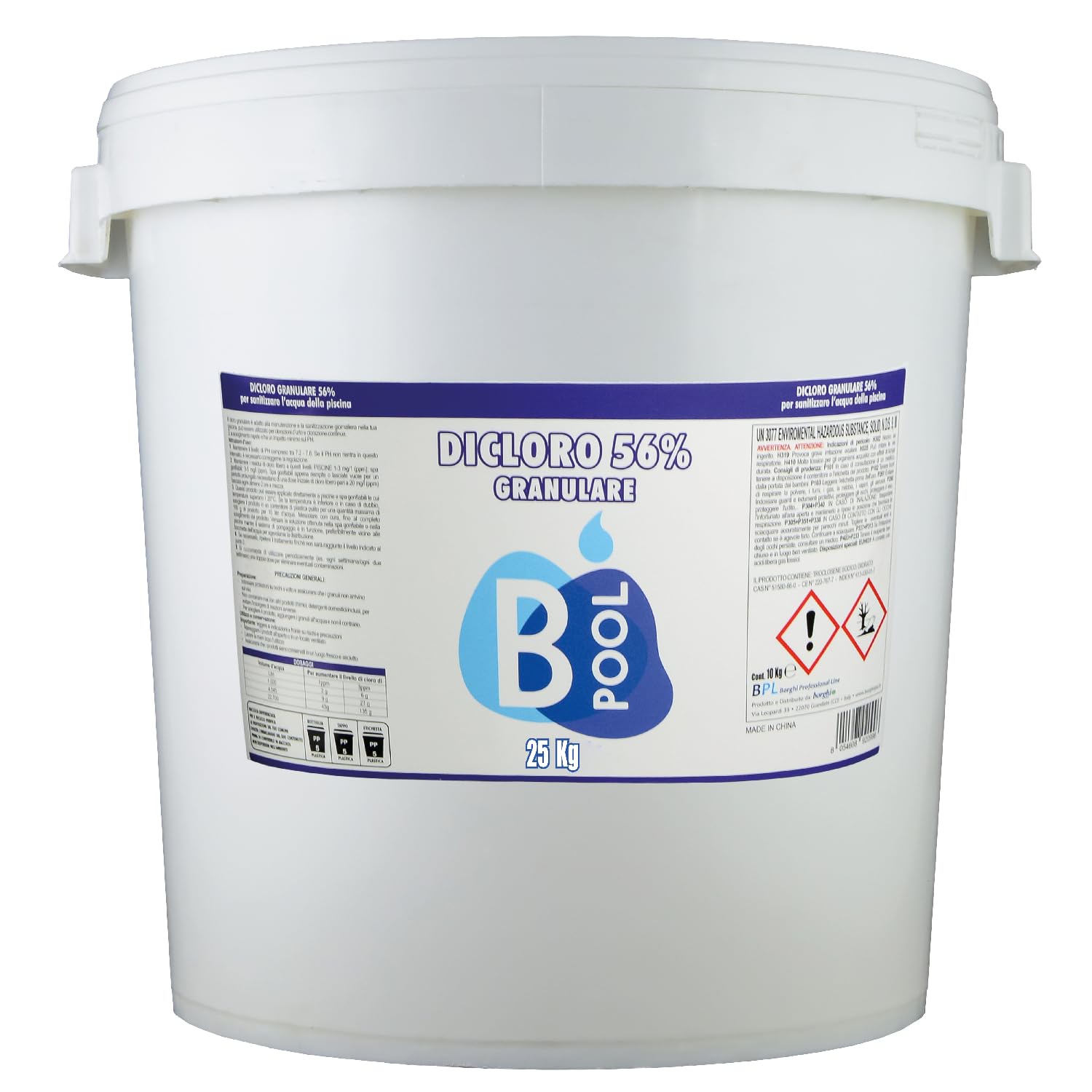 B POOL Dicloro 56% Diidrato Granulare. Cloro per Piscina Granulare ideale per sanitizzare l'acqua della tua piscina. Prodotto a scioglimento rapido con impatto minimo sul pH. Formato da 25 Kg