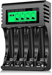 POWEROWL AA AAA Rechargeable Battery Charger, 4 Bay LCD Smart Battery Charger for Ni-MH AA AAA Rechargeable Batteries, Independent Slot & USB Fast Charging