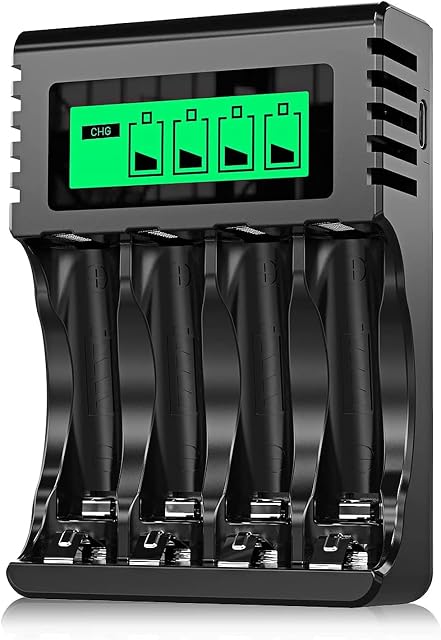 POWEROWL AA AAA Rechargeable Battery Charger, 4 Bay LCD Smart Battery Charger for Ni-MH AA AAA Rechargeable Batteries, Independent Slot & USB Fast Charging