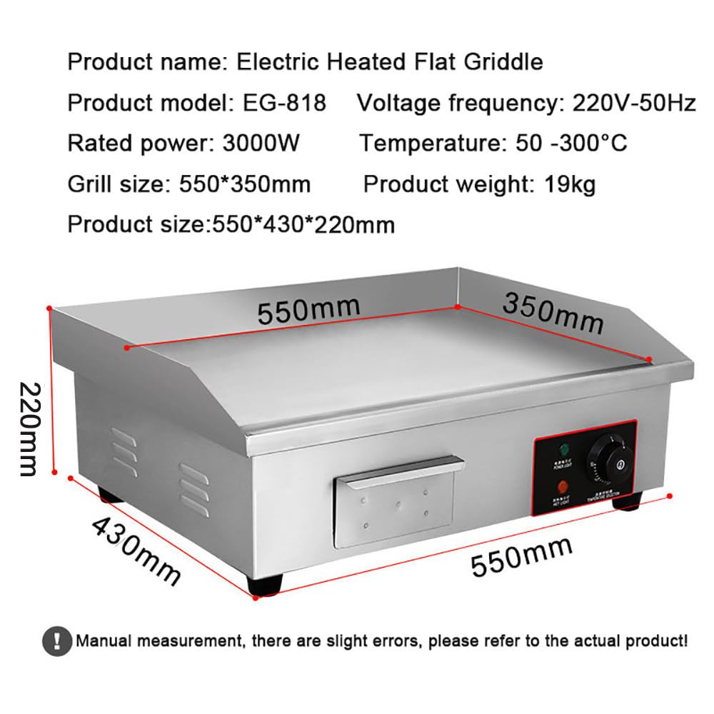Piastra Elettrica Commerciale da 3000 W, Piastra Elettrica da Banco in Acciaio Inossidabile con Griglia Teppanyak Antiaderente, Riscaldamento Uniforme/Ampia Area Cottura/50-300 ℃ Regolabile,L