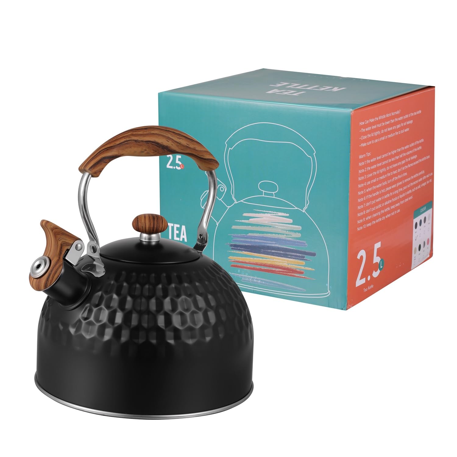 Tetera silbante de acero inoxidable, 2,5 L, color negro