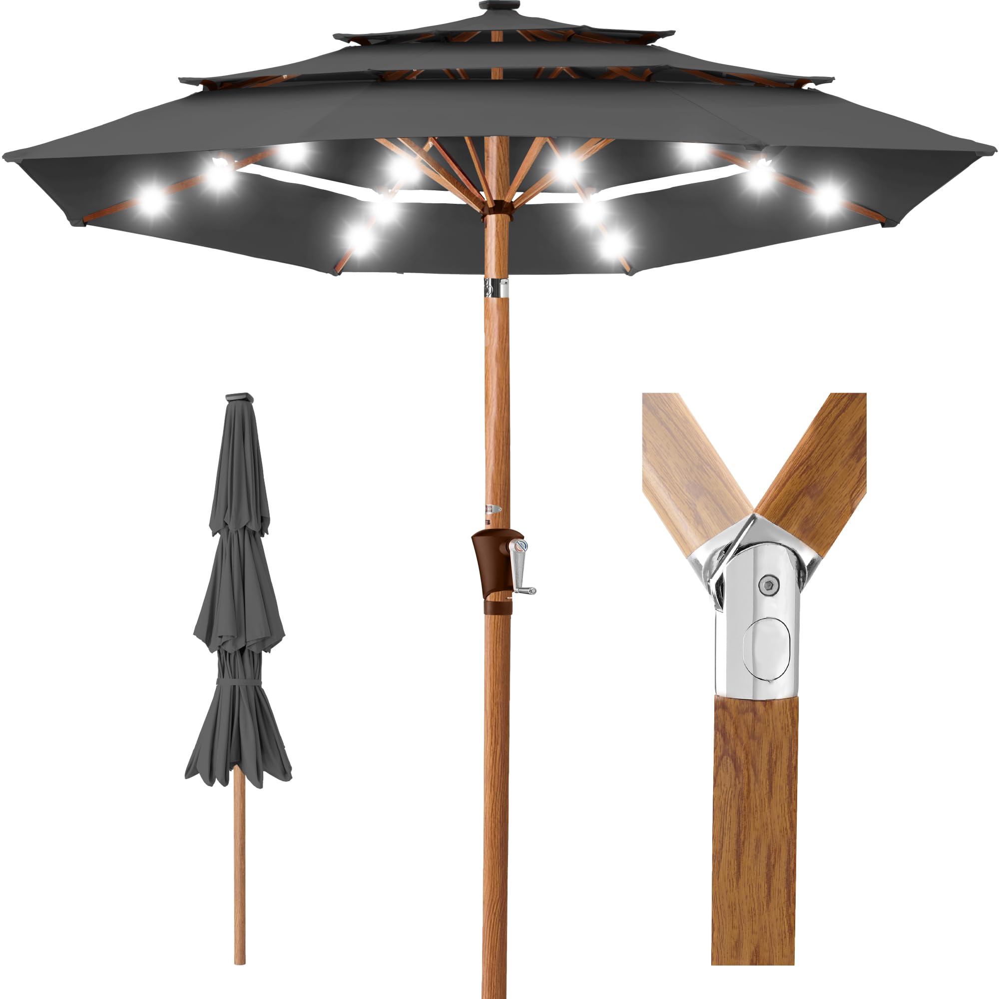 Best Choice Products 10ft 3-Tier Solar Patio Market Umbrella, Outdoor Sun Shade for Backyard, Deck, Poolside, Table w/Woodgrain Pattern, LED Lights, Tilt Adjustment - Gray