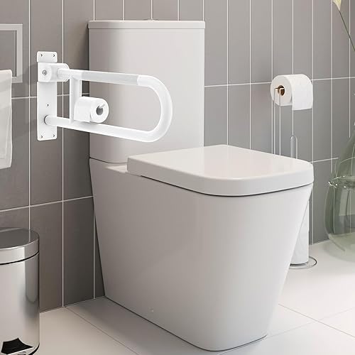 Miniatura 3 de YuanDe - Barra de agarre para inodoro de 22.4 pulgadas, riel de soporte antideslizante blanco, barra de agarre abatible en forma de U con soporte
