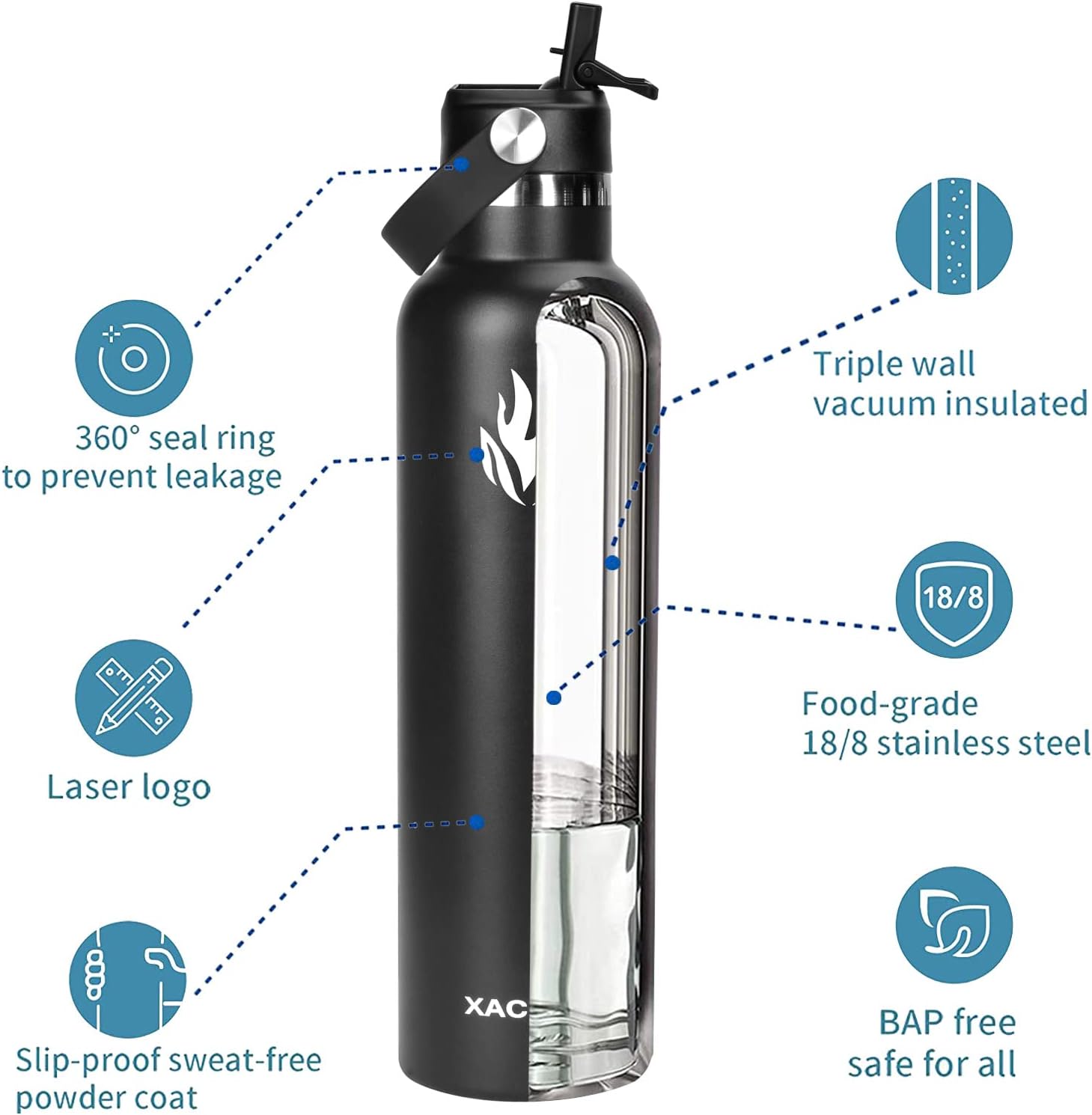 XACIOA Water Bottle Stainless Steel with Straw -for Hot/Cold Drinks 500/750/1000ml Vacuum Insulated Flask Leak Proof Drink Sport,BPA Free - Image 4