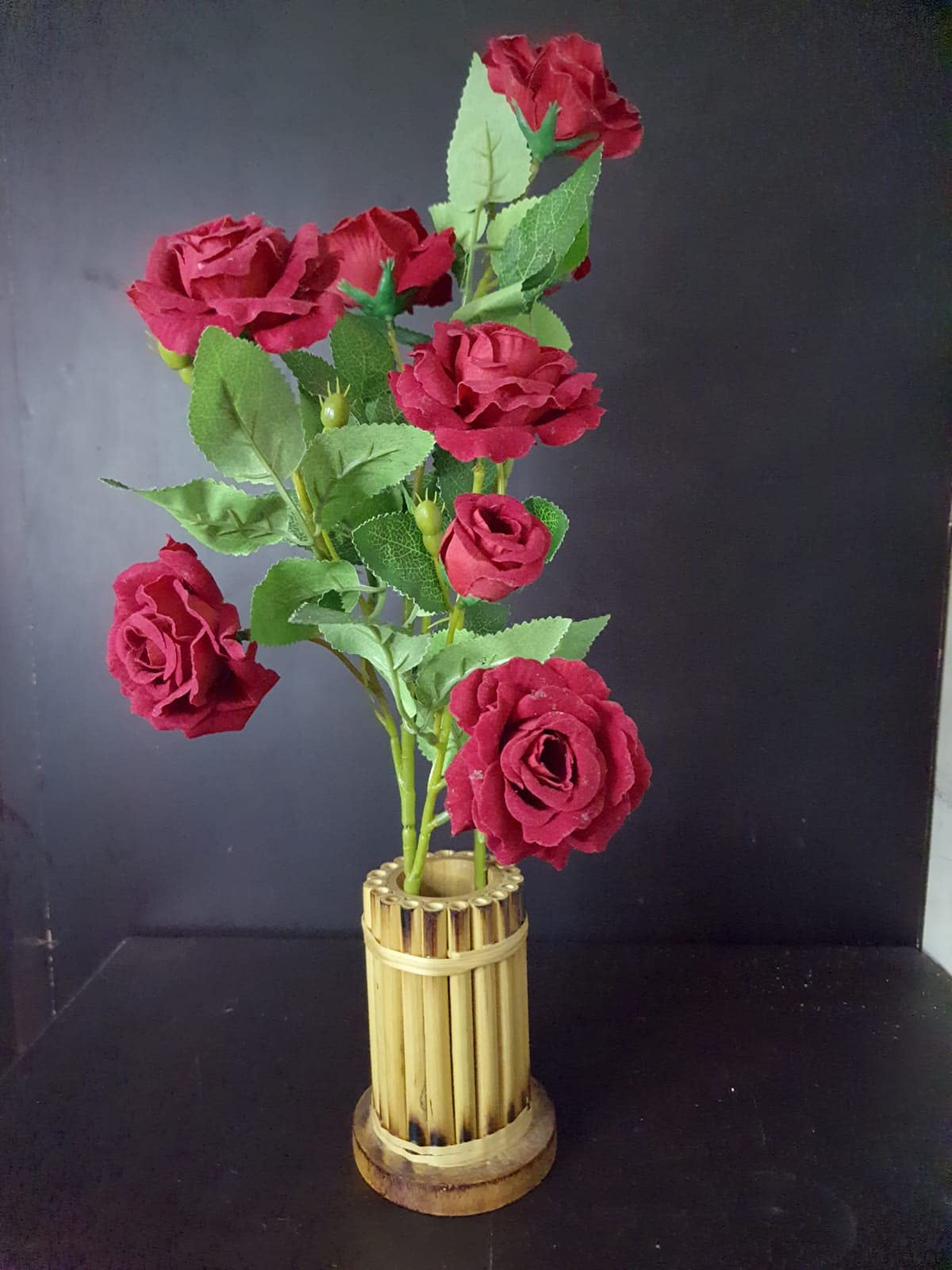 EZA Multipurpose Unique Bamboo Flower Vase Cum Bamboo Pen Stand in a Small Round Wooden Block Stand